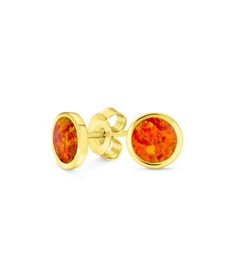 Bling Jewelry Minimalist Round Created Orange Fire Opal Bezel Setting Stud Earrings Yellow Gold Plated .925 Sterling Silver 5MM