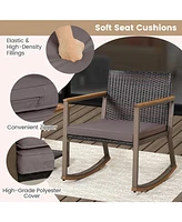 3 Pieces Rattan Rocking Bistro Set with Table and Cushions