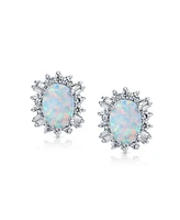 Bling Jewelry Estate Style Jewelry Oval Created Opal Crown Baguette Halo Cz Stud Earrings .925 Sterling Silver 12MM