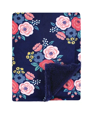 Hudson Baby Infant Girl Plush Blanket with Furry Binding and Back, Navy Bold Floral, One Size