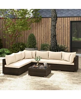 7-Piece Outdoor Patio Furniture Set with Rattan Sectional Sofa Cushions and Glass Table(Beige)