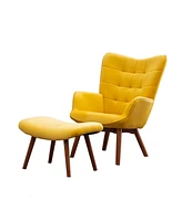 Contemporary Silky Velvet Tufted Accent Chair with Ottoman, Yellow