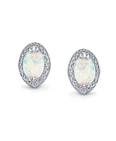 Bling Jewelry Traditional Victorian Style White Oval Created Opal Stud Earrings .925 Sterling Silver Halo
