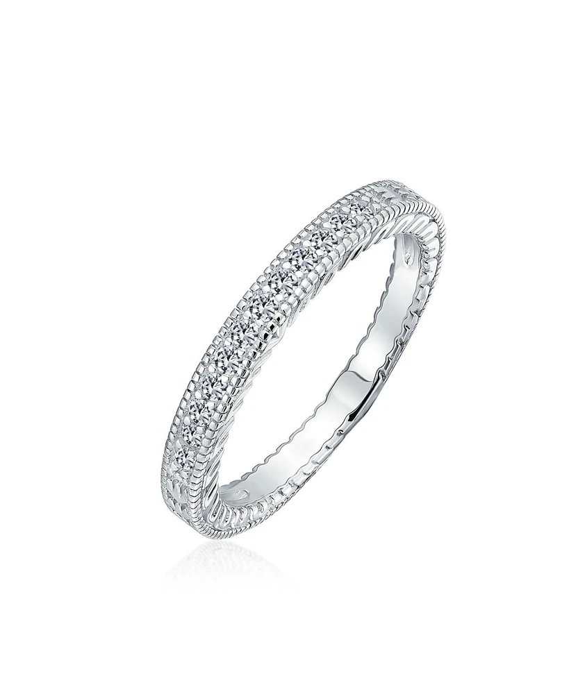 Bling Jewelry Pave Cz Cubic Zirconia Thin Band Ring Etched Milgrain .925 Sterling Silver