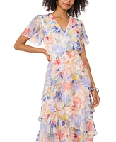 Vince Camuto Women's Floral-Print Flutter-Sleeve Tiered Midi Dress