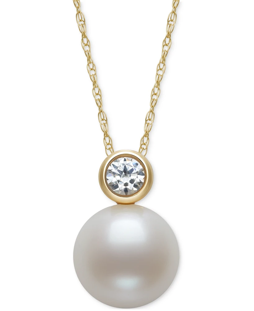 Belle de Mer Cultured Freshwater Pearl (8mm) & Diamond (1/6 ct. t.w.) Bezel 18" Pendant Necklace in 14k Gold