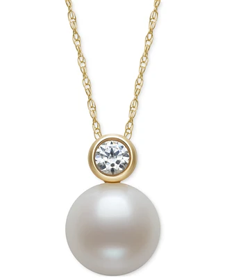 Belle de Mer Cultured Freshwater Pearl (8mm) & Diamond (1/6 ct. t.w.) Bezel 18" Pendant Necklace in 14k Gold