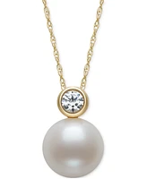 Belle de Mer Cultured Freshwater Pearl (8mm) & Diamond (1/6 ct. t.w.) Bezel 18" Pendant Necklace in 14k Gold