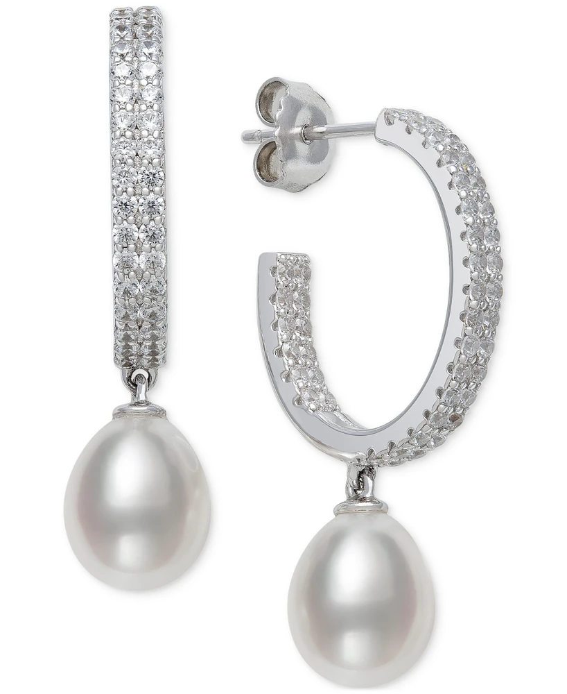 Belle de Mer Cultured Freshwater Pearl (8-9mm) & Lab Created White Sapphire (1-1/4 ct. t.w.) Dangle Hoop Earrings in Sterling Silver