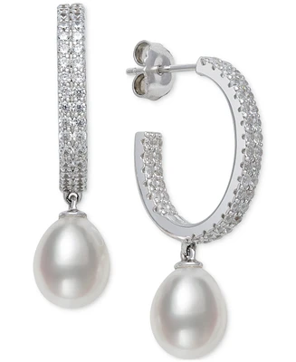 Belle de Mer Cultured Freshwater Pearl (8-9mm) & Lab Created White Sapphire (1-1/4 ct. t.w.) Dangle Hoop Earrings in Sterling Silver