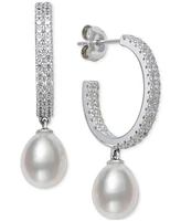 Belle de Mer Cultured Freshwater Pearl (8-9mm) & Lab Created White Sapphire (1-1/4 ct. t.w.) Dangle Hoop Earrings in Sterling Silver