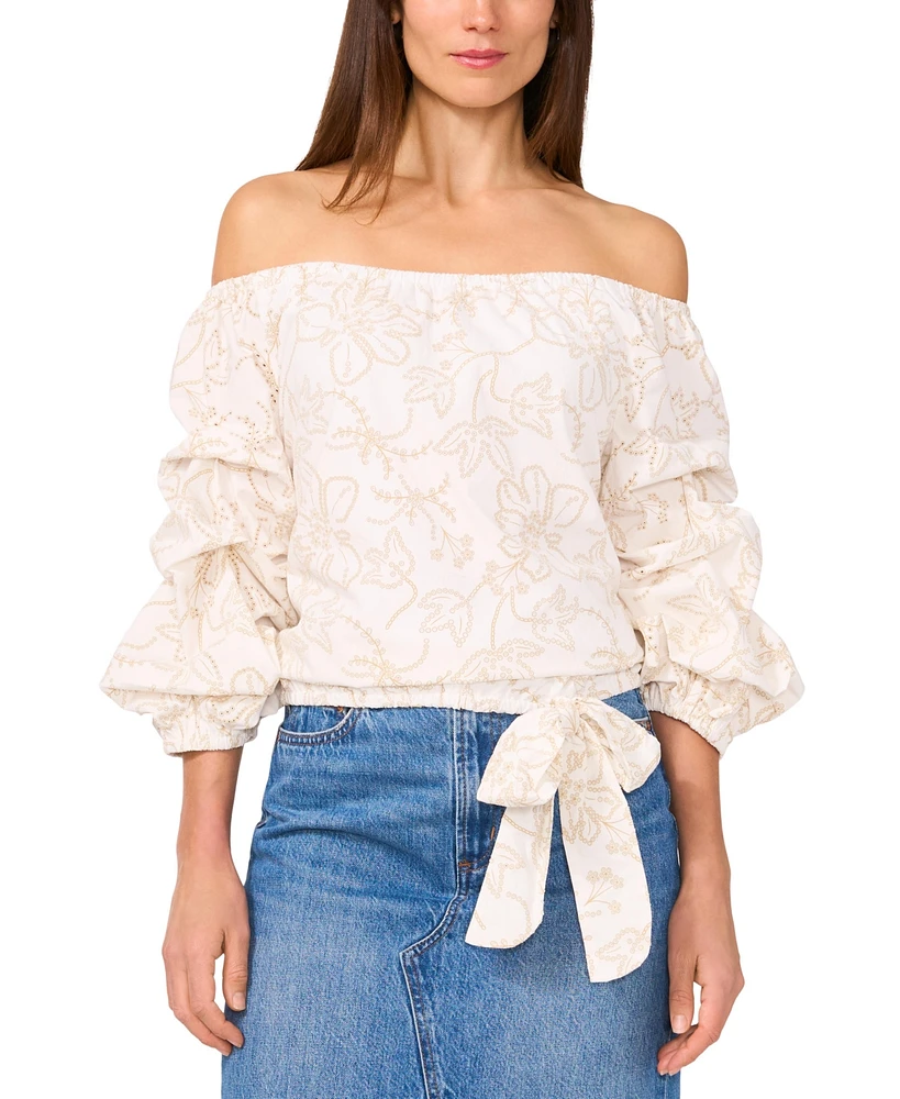 Vince Camuto Women's Floral Embroidered Off-The-Shoulder Bubble 3/4-Sleeve Tie-Front Blouse