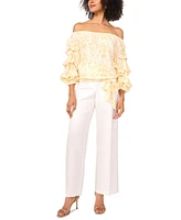 Vince Camuto Women's Printed Linen-Blend Off-The-Shoulder Bubble 3/4-Sleeve Tie-Front Blouse