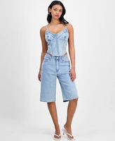Bar Iii Women's Studded Denim Corset Top, Exclusively at Macy's