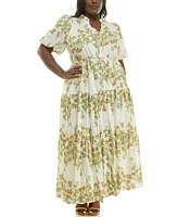 Taylor Plus Floral Split-Neck Puff-Sleeve Maxi Dress