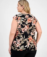 Kasper Plus Printed Cowlneck Cap-Sleeve Knit Top