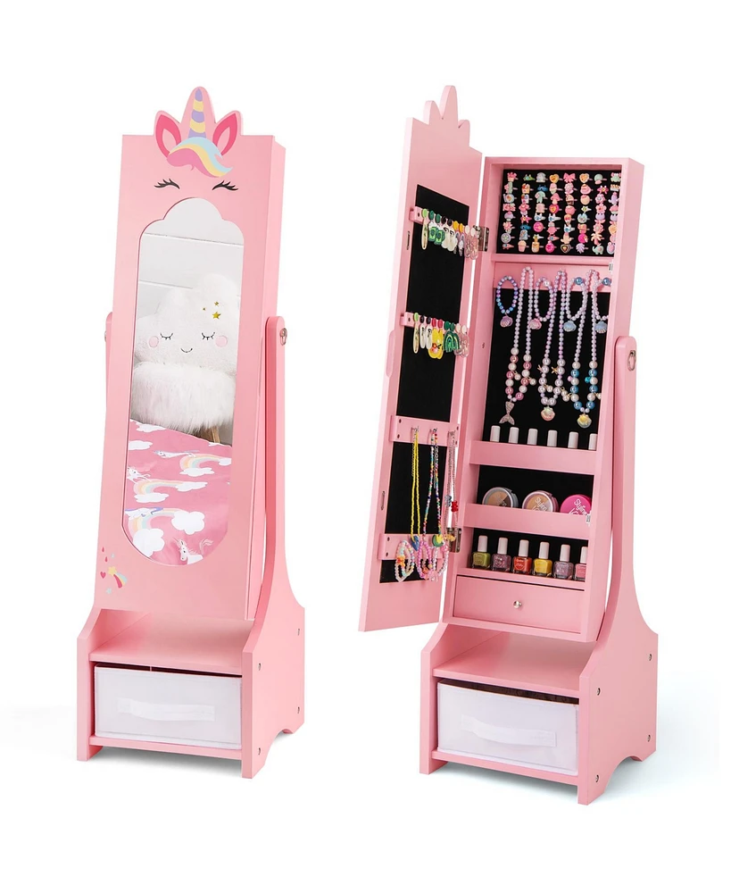 Kids Jewelry Cabinet with Full-Length Mirror for Kids Bedroom and Playroom