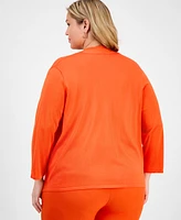 Kasper Plus 3/4-Sleeve Open-Front Cardigan