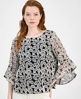 Kasper Women's Embroidered Ruffle-Sleeve Blouse, Regular & Petite Sizes