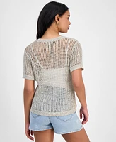 Bar Iii Women's Short-Sleeve Metallic Crochet Sweater, Exclusively at Macy's