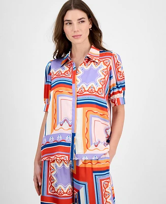 T Tahari Women's Printed Short-Sleeve Button Blouse
