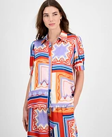 T Tahari Women's Printed Short-Sleeve Button Blouse