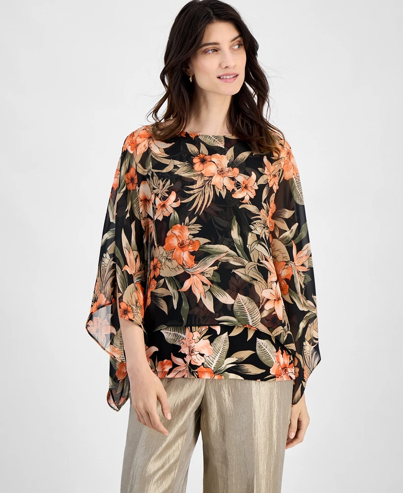 Kasper Women's Floral 3/4-Sleeve Poncho Blouse