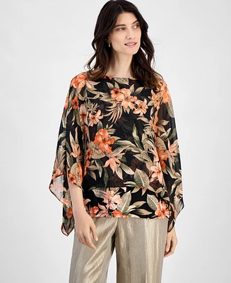 Kasper Women's Floral 3/4-Sleeve Poncho Blouse