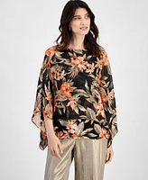 Kasper Women's Floral 3/4-Sleeve Poncho Blouse