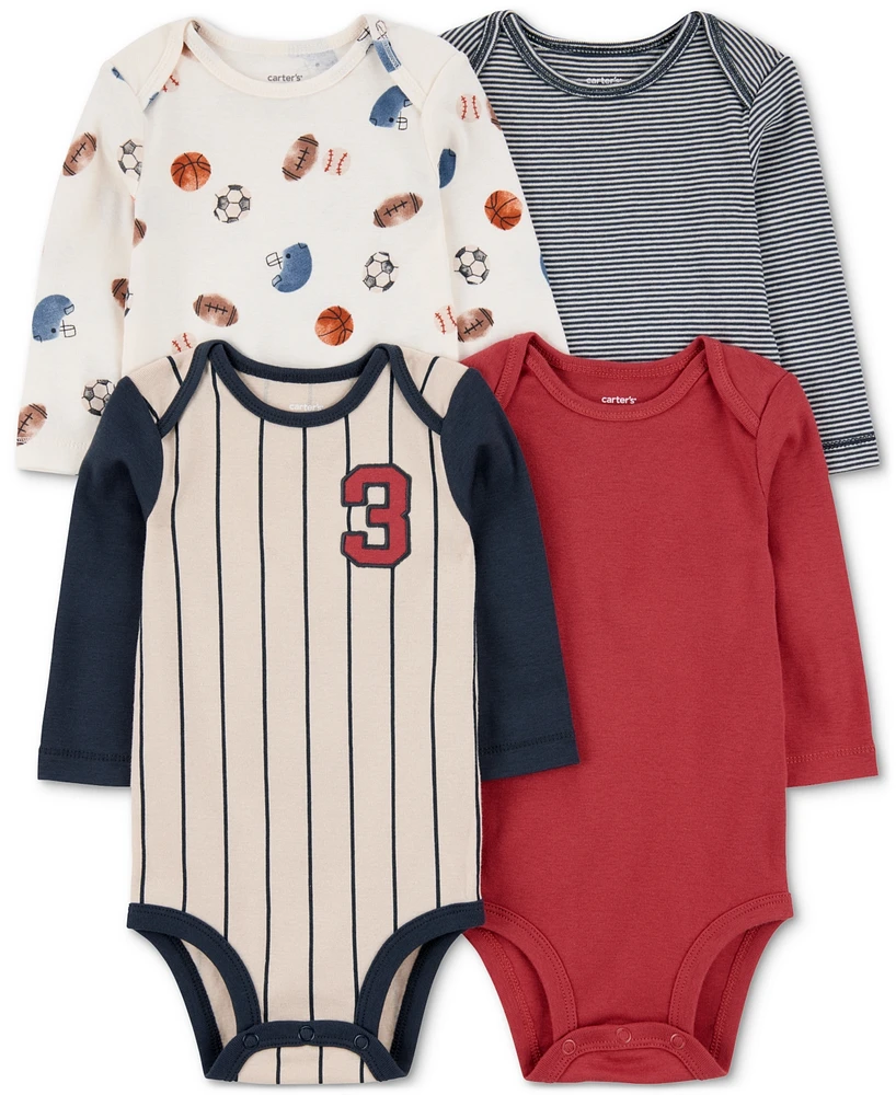 Carter's Baby Boys Cotton Sports Jersey Long-Sleeve Bodysuits, 4 Pack