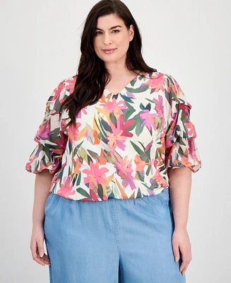 Vince Camuto Plus Printed V-Neck Bubble Blouse