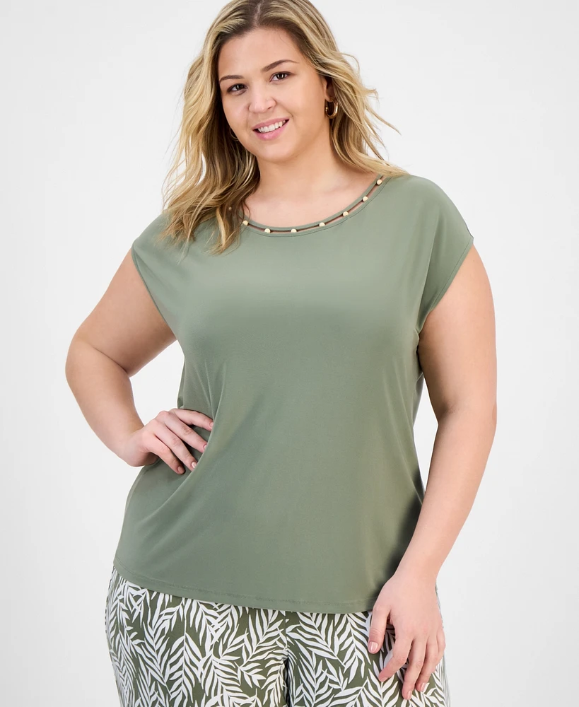 Kasper Plus Beaded-Neckline Short-Sleeve Top