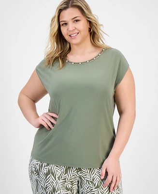 Kasper Plus Beaded-Neckline Short-Sleeve Top