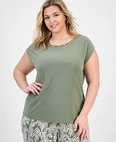 Kasper Plus Beaded-Neckline Short-Sleeve Top