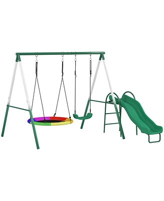 Qaba Metal Swing Set with Slide, Heavy Duty Swing Set,