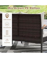 Gymax Set of 2 Pe Wicker Furniture Set Loveseat w/ Acacia Wood Coffee Table Patio