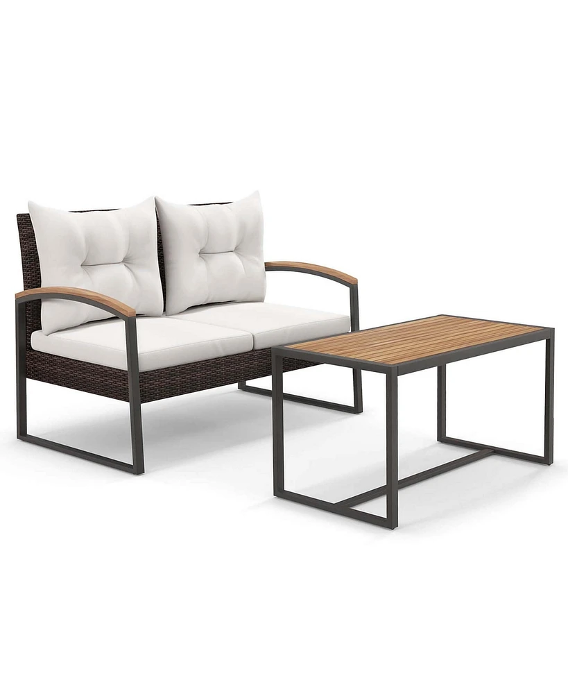 Gymax Set of 2 Pe Wicker Furniture Set Loveseat w/ Acacia Wood Coffee Table Patio