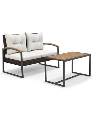 Gymax Set of 2 Pe Wicker Furniture Set Loveseat w/ Acacia Wood Coffee Table Patio
