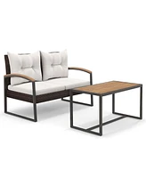 Gymax Set of 2 Pe Wicker Furniture Set Loveseat w/ Acacia Wood Coffee Table Patio