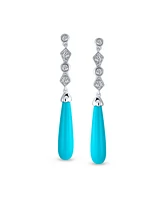 Bling Jewelry Elegant Long Linear Cubic Zirconia Cz Blue Stabilized Turquoise Elongated Teardrop Chandelier Earrings Western Jewelry .925 Sterling Sil