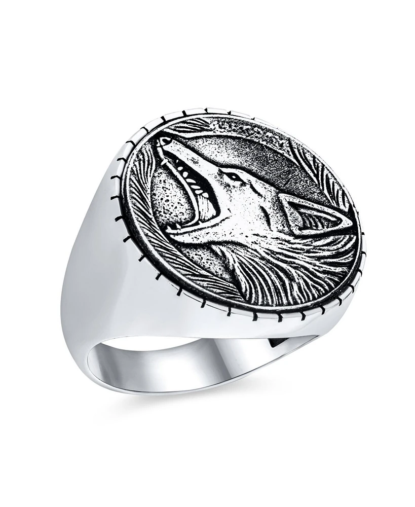 Bling Jewelry Hunter Animal Norse Viking Warrior Signet Fierce Roaring Big Wolf Head Coin Ring Oxidized .925 Sterling Silver