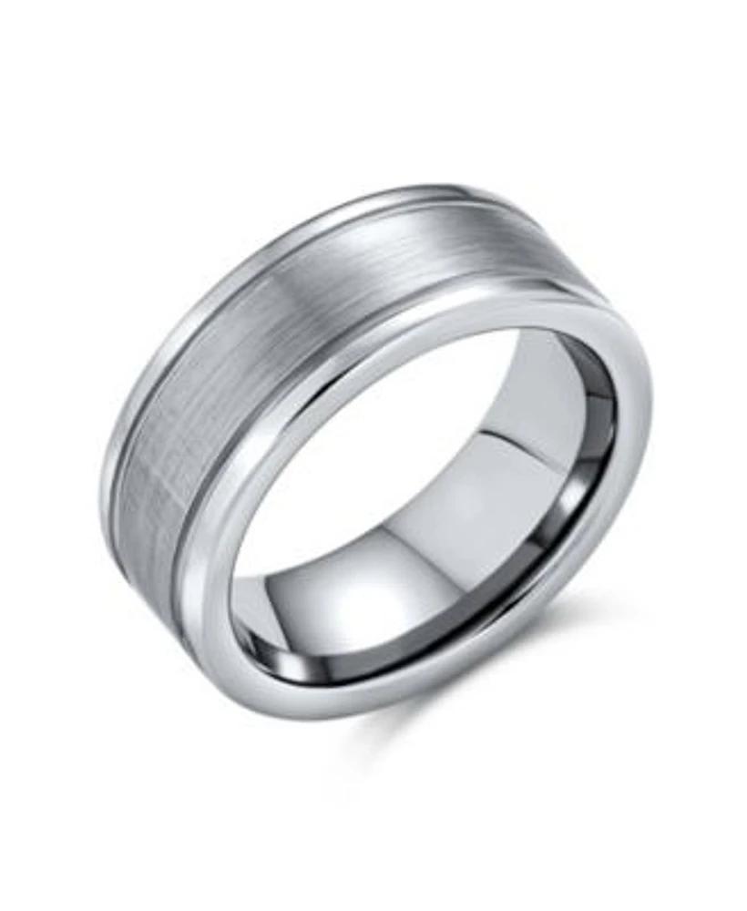 Bling Jewelry Simple Double Grooved Brushed Matte Center Stripe Couples Titanium Band Ring Silver Tone Comfort Fit