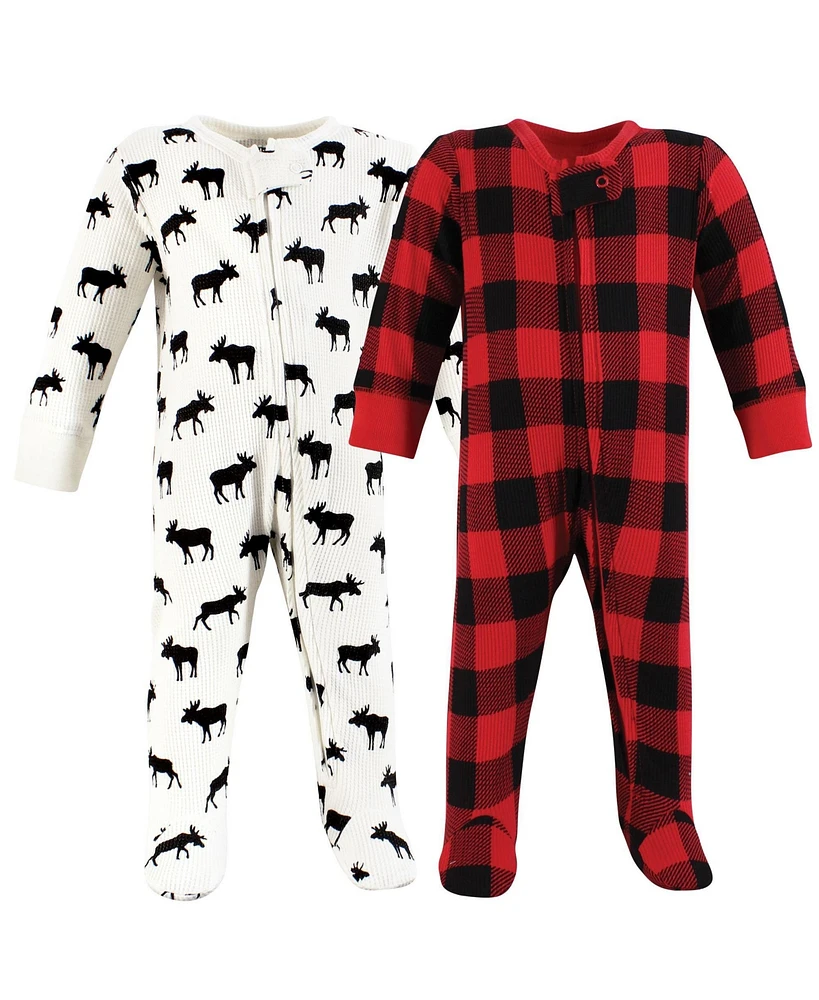 Hudson Baby Baby Boys Hudson Thermal Zipper Sleep and Play 2pk, Buffalo Plaid Moose, Preemie