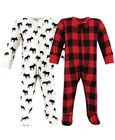 Hudson Baby Baby Boys Hudson Thermal Zipper Sleep and Play 2pk, Buffalo Plaid Moose, Preemie