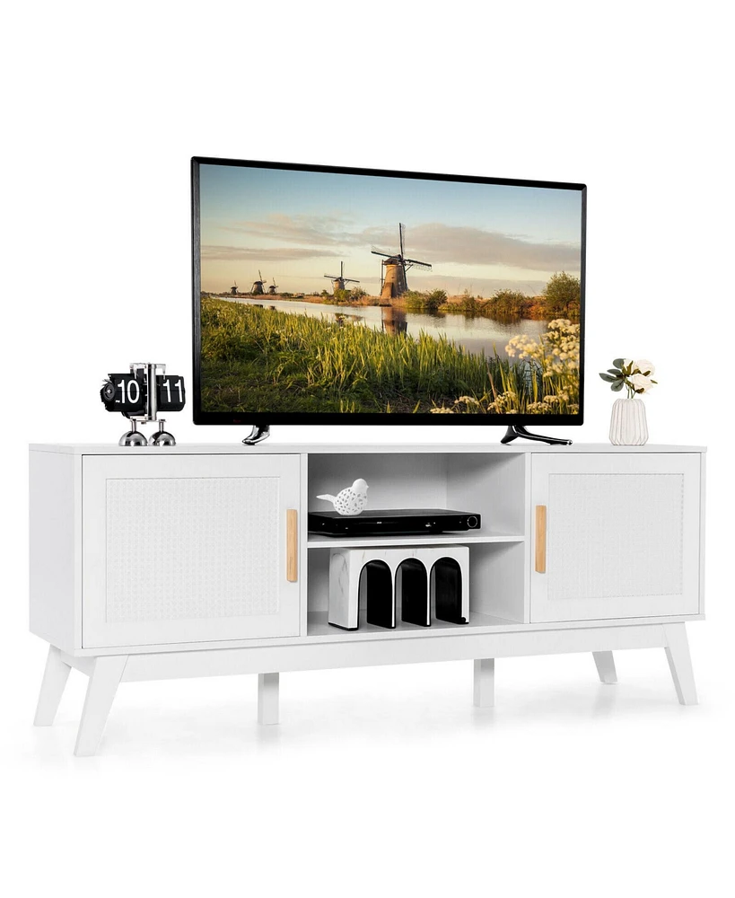 Tv Stand Entertainment Media Console with 2 Rattan Cabinets and Open Shelves