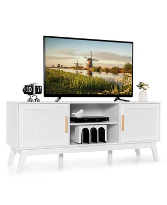 Tv Stand Entertainment Media Console with 2 Rattan Cabinets and Open Shelves