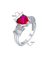 Bling Jewelry Art Deco Style 2.5CT Red Pink Heart Solitaire Cz Promise Ring Baguettes Side Stones .925 Sterling Silver