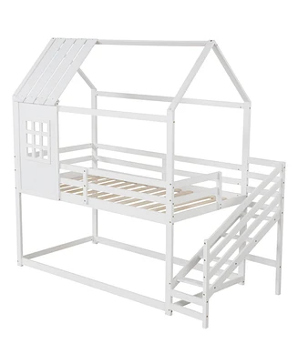 Twin House Bed with Stairs and Roof for Kids