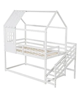 Twin House Bed with Stairs and Roof for Kids