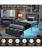 Twin Size Bed Frame with Led Lights Drawer and Metal Slats-Twin Size
